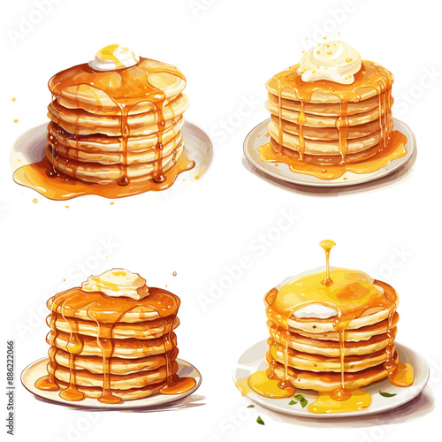 Four stacks of pancakes with syrup dripping from them
