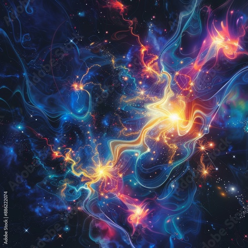 A depiction of an abstract cosmos, with swirling nebulae, radiant stars background