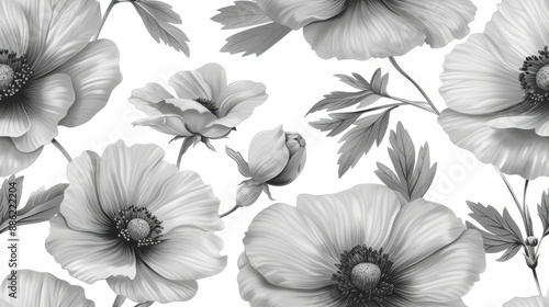 Seamless monochrome floral pattern with abstract flowers and leaves, perfect for fabric, wallpaper, or design projects.