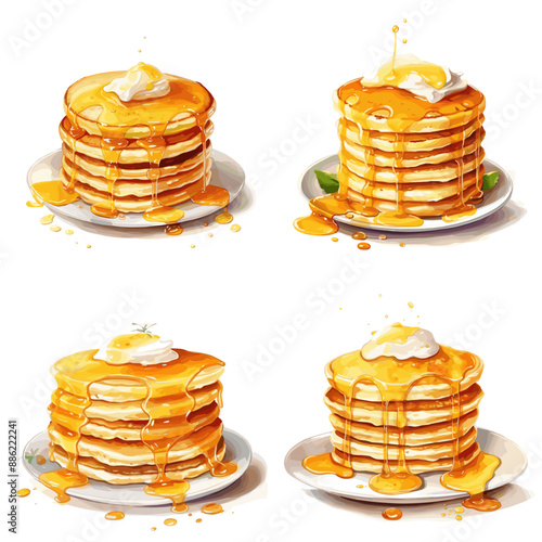 Four stacks of pancakes with syrup dripping from them