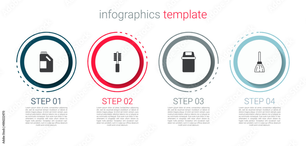 Set Bottle for cleaning agent, Toilet brush, Trash can and Handle broom. Business infographic template. Vector Set Bottle for cleaning agent, Toilet brush, Trash can and Handle broom. Business infographic template. Vector