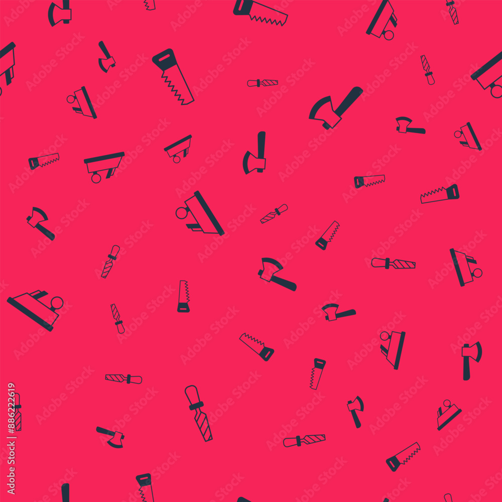Set Rasp metal file, Hand saw, Wood plane tool and Wooden axe on seamless pattern. Vector Set Rasp metal file, Hand saw, Wood plane tool and Wooden axe on seamless pattern. Vector