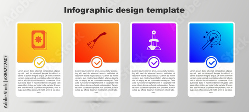 Set Tarot cards, Witches broom, Sword in the stone and Magic wand. Business infographic template. Vector