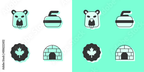 Set Igloo ice house, Beaver animal, Canadian maple leaf and Stone for curling icon. Vector