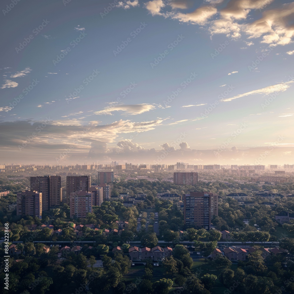 Fototapeta premium A detailed 3D render of a city's outskirts, with a few tall buildings in the distance and a vast sky with clouds