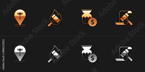 Set Auction hammer, ancient vase and icon. Vector