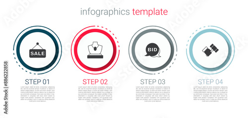 Set Price tag with Sale, Auction jewelry sale, Bid and hammer. Business infographic template. Vector