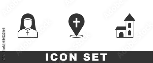 Set Nun, Location church building and Church icon. Vector