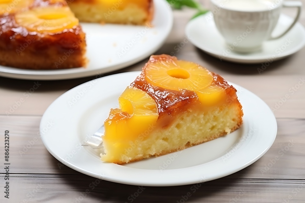 Slice pineapple upside down cake on white plate, photo shoot for ads, white wood background. Slice pineapple upside down cake on white plate, photo shoot for ads, white wood background.