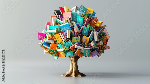 Books as leaves each leaf unique book cover on solid light grey background. The image captures the spirit of International Literacy Day.
