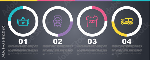 Set line Ushanka, Joseph Stalin, USSR t-shirt and Tanker truck. Business infographic template. Vector