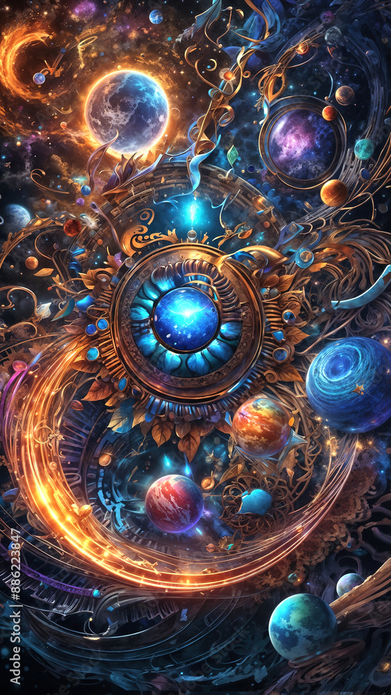 A colorful painting of a galaxy with a blue gem in the center A colorful painting of a galaxy with a blue gem in the center