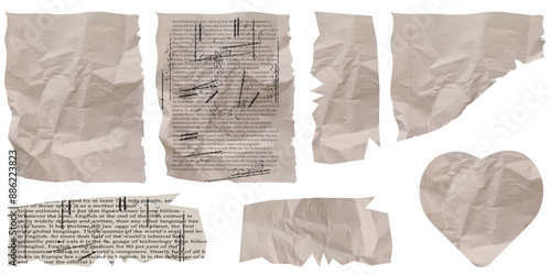 Scrapbook element set isolated white background. Crumpled torn paper sheets collection. Old Scrapbook frame from trace paper. Retro vector illustration for design.