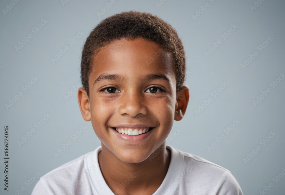 Naklejka premium Portrait view of a regular happy smiling Dominican Republic boy, ultra realistic, candid, social media, avatar image, plain solid background