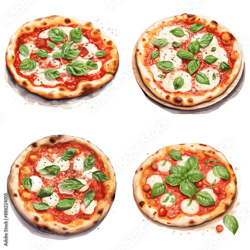 Four different pizzas with basil on top
