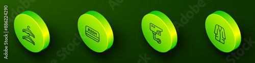 Set Isometric line Hanger wardrobe, Hotel key card, Security camera and Bathrobe icon. Vector