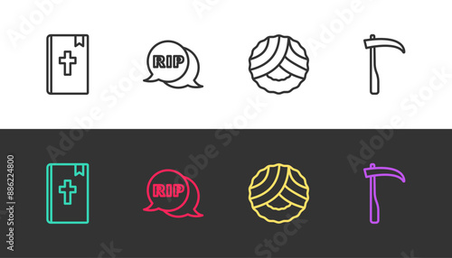 Set line Holy bible book, Speech bubble rip death, Memorial wreath and Scythe on black and white. Vector