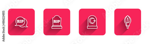 Set line Speech bubble rip death, Tombstone with RIP written, Muslim cemetery and Lily flower with long shadow. Red square button. Vector