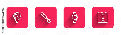 Set line Pressure water meter, Measuring spoon, Wrist watch and Depth measurement with long shadow. Red square button. Vector