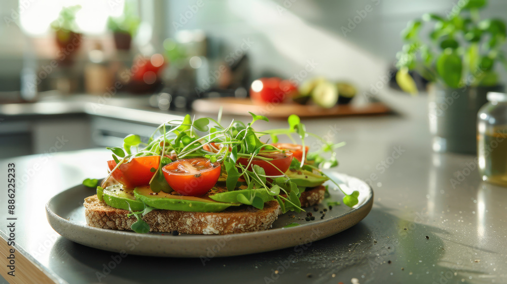 Fresh avocado and tomato toast with microgreens on ceramic plate in modern kitchen Fresh avocado and tomato toast with microgreens on ceramic plate in modern kitchen
