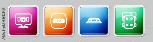 Set line Skateboard wheel, , stairs with rail and Knee pads. Colorful square button. Vector