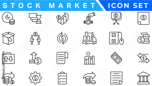 Stock market icon set. Containing stocks, stock exchange, financial goal, shares, investment, bull market, bear market and investment icons. Solid icon collection. Vector illustration
