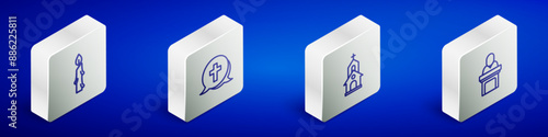 Set Isometric line Burning candle, Christian cross, Church building and pastor preaching icon. Vector