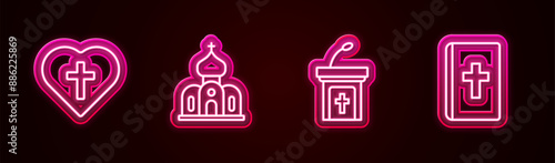 Set line Christian cross in heart, Church building, sermon tribune and Holy bible book. Glowing neon icon. Vector