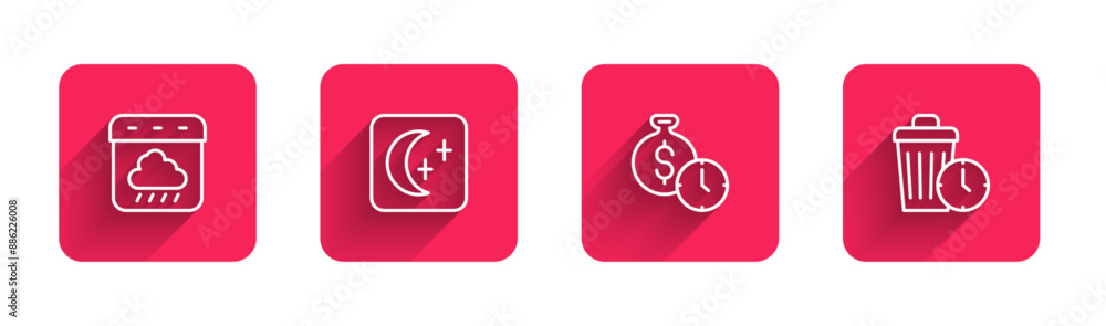 Set line Calendar autumn, Moon and stars, Time is money and Waste of time with long shadow. Red square button. Vector
