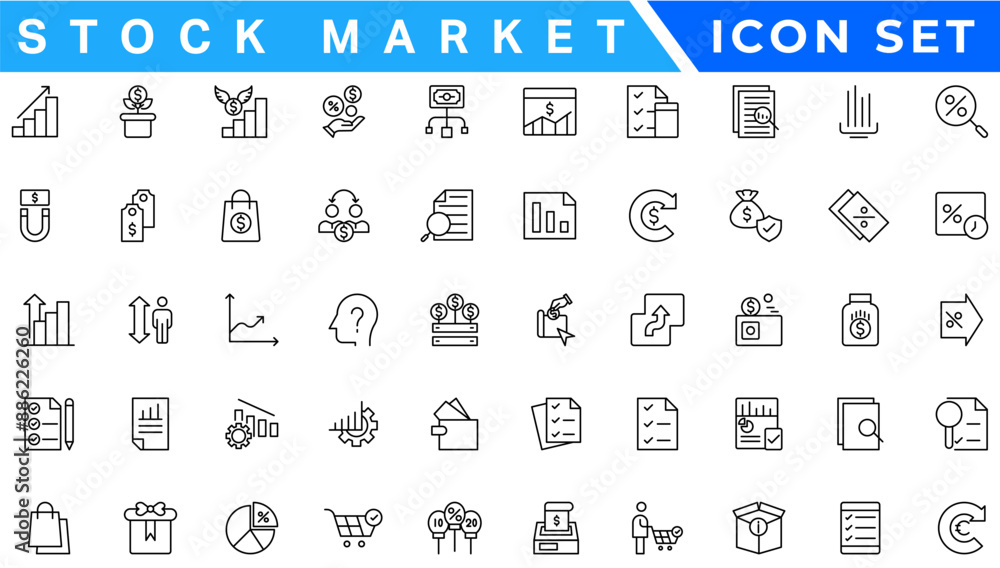 Stock market icon set. Containing stocks, stock exchange, financial goal, shares, investment, bull market, bear market and investment icons. Solid icon collection. Vector illustration Stock market icon set. Containing stocks, stock exchange, financial goal, shares, investment, bull market, bear market and investment icons. Solid icon collection. Vector illustration