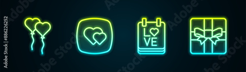 Set line Balloons in form of heart, Heart, Calendar with February 14 and Gift box. Glowing neon icon. Vector