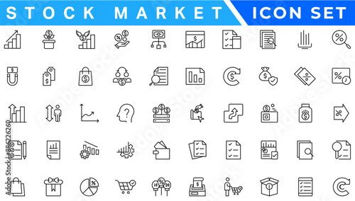 Stock market icon set. Containing stocks, stock exchange, financial goal, shares, investment, bull market, bear market and investment icons. Solid icon collection. Vector illustration