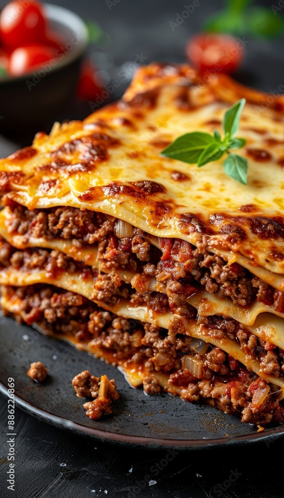 Classic Lasagna A Delicious Slice of Italian Comfort Food Served on a Dark Rustic Plate Classic Lasagna A Delicious Slice of Italian Comfort Food Served on a Dark Rustic Plate