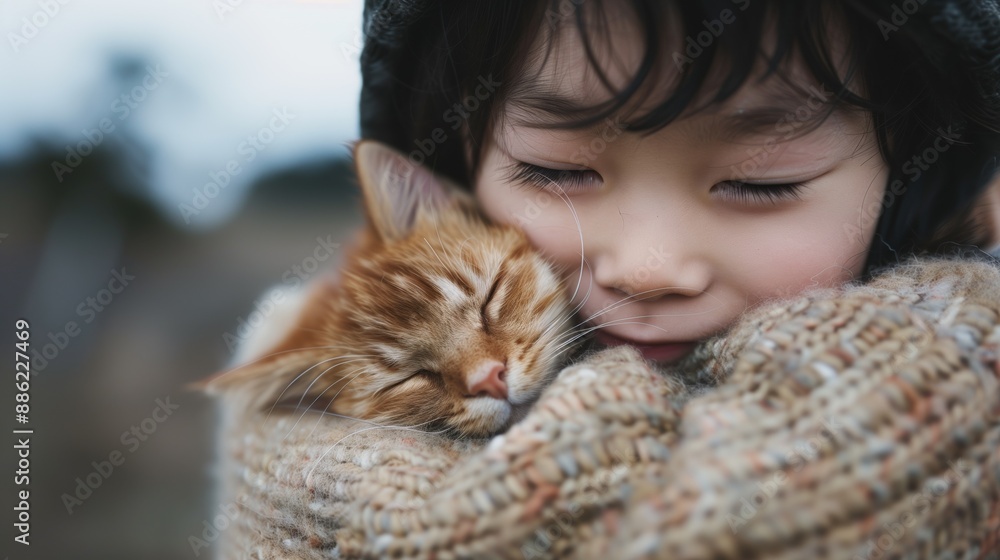 Child happily hugging an adorable ginger kitten wrapped in cozy blanket outdoors, capturing the essence of warmth and companionship. Child happily hugging an adorable ginger kitten wrapped in cozy blanket outdoors, capturing the essence of warmth and companionship.