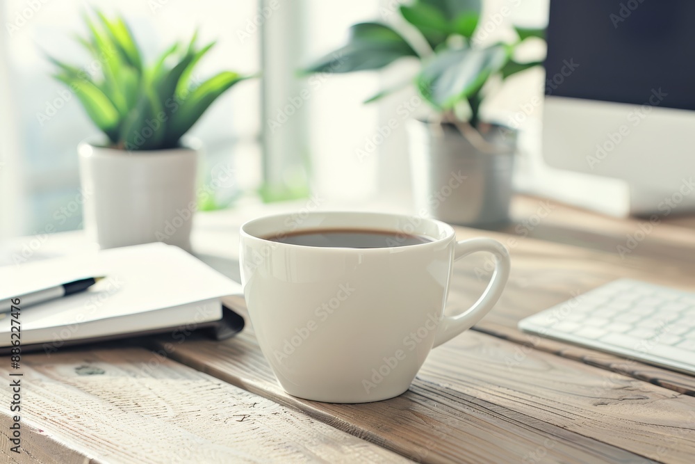 Coffee Break at Work: A Coffee Cup on a Desk with a Bright and Refreshing Office Ambiance Coffee Break at Work: A Coffee Cup on a Desk with a Bright and Refreshing Office Ambiance