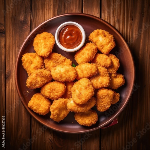 Top View Of Crispy Chicken Nuggets On wood Dark Background