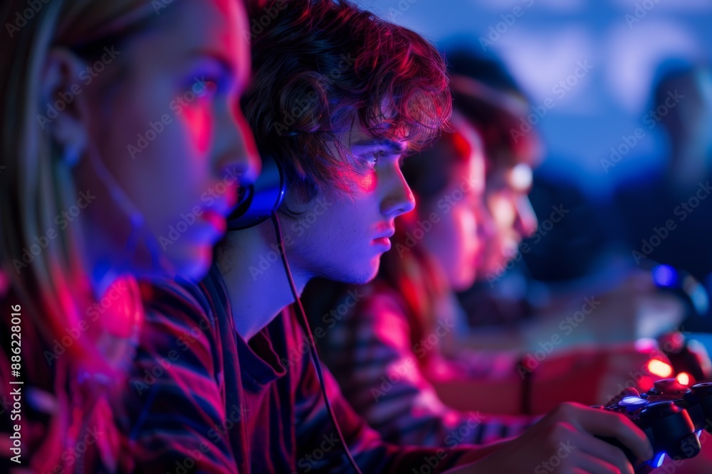A group of young people play video games in a brightly lit room A group of young people play video games in a brightly lit room