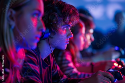 Wallpaper Mural A group of young people play video games in a brightly lit room Torontodigital.ca