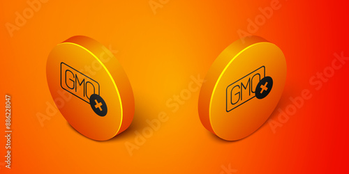 Isometric No GMO icon isolated on orange background. Genetically modified organism acronym. Dna food modification. Orange circle button. Vector
