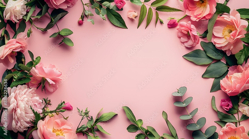 Elegant Floral Frame with Pink Roses and Greenery on a Soft Pink Background Elegant Floral Frame with Pink Roses and Greenery on a Soft Pink Background