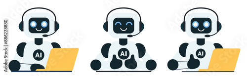 Set of cute chat bot robot with yellow laptop illustrations. Robot assistant with yellow laptop for customer support. AI bot helper. Concept of virtual conversation assistant for getting help. Robot