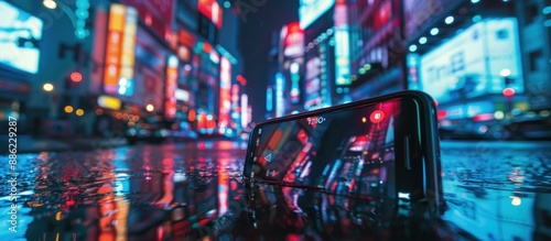 Smartphone Capturing Cityscape in the Rain