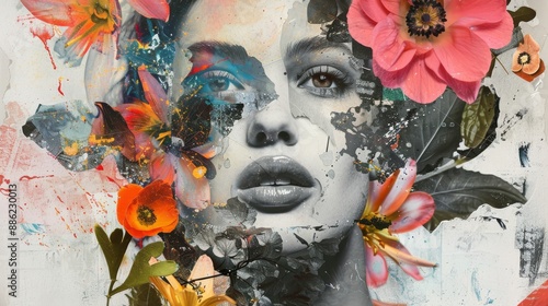 Abstract contemporary art collage portrait of young woman with flowers 