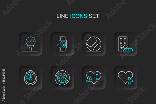 Set line Heart rate, Car wheel, Stopwatch, Sports doping with dumbbell, Baseball ball, Smart heart and Golf on tee icon. Vector