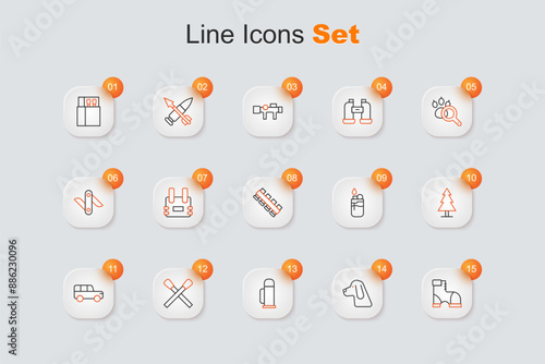 Set line Hunter boots, Hunting dog, Thermos container, Burning match with fire, Safari car, Tree, Lighter and cartridge belt icon. Vector