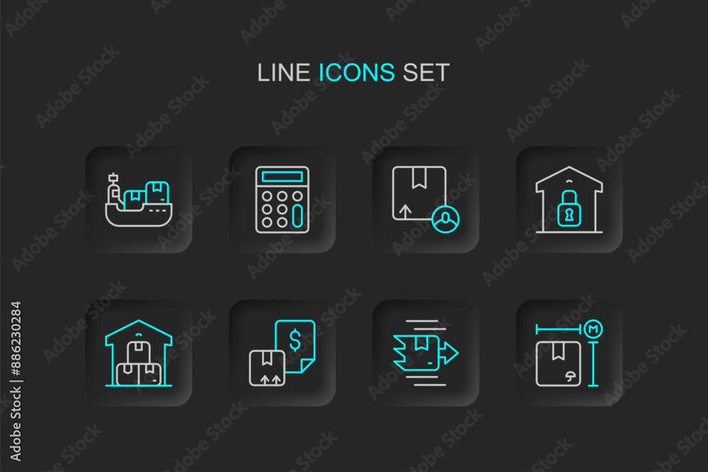 Set line Cardboard box measurement, Carton cardboard, Waybill, Full warehouse, Closed, Calculator and Cargo ship with boxes delivery icon. Vector Set line Cardboard box measurement, Carton cardboard, Waybill, Full warehouse, Closed, Calculator and Cargo ship with boxes delivery icon. Vector