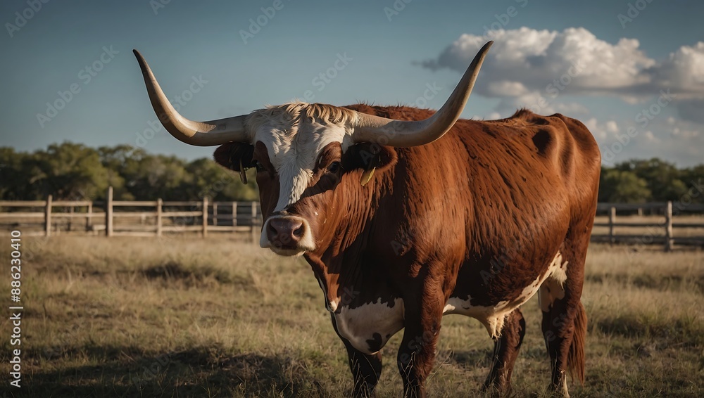 Texas longhorn steer standing by a fenc Texas longhorn steer standing by a fenc