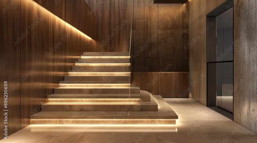Modern Interior Design with Illuminated Stairs and Wood Paneling Modern Interior Design with Illuminated Stairs and Wood Paneling