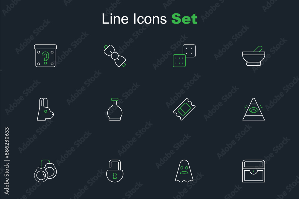 Set line Antique treasure chest, Ghost, Open padlock, Handcuffs, All-seeing eye of God, Circus ticket, Bottle with potion and Rabbit ears icon. Vector Set line Antique treasure chest, Ghost, Open padlock, Handcuffs, All-seeing eye of God, Circus ticket, Bottle with potion and Rabbit ears icon. Vector