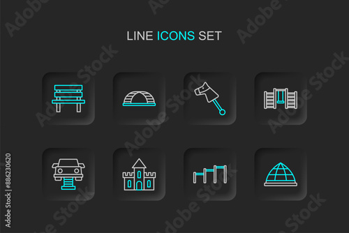 Set line Playground climbing equipment, Sport horizontal bar, Sand castle, Swing car, Swedish wall, Toy horse, Monkey and Bench icon. Vector